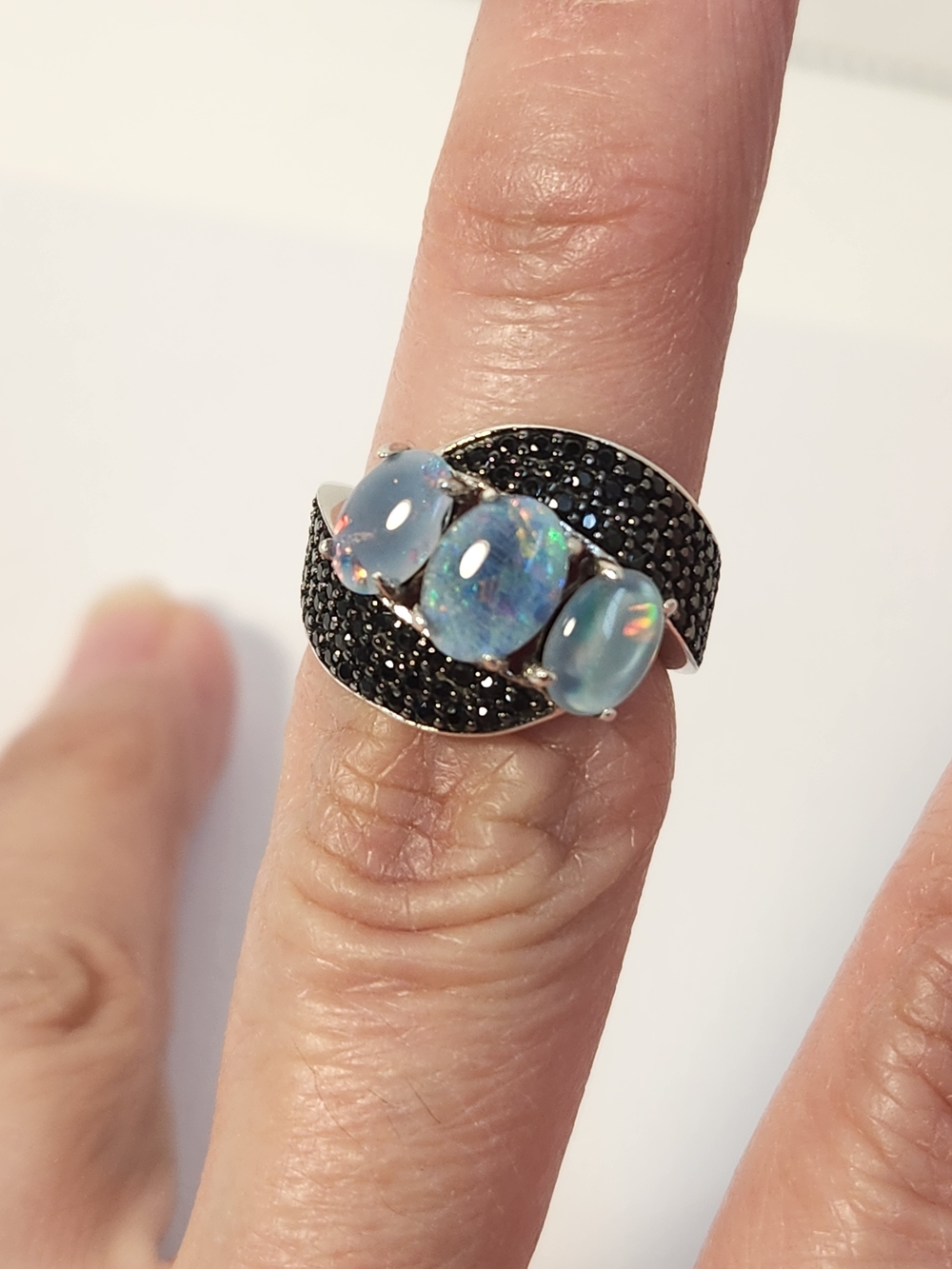 NIB VTG 925 Natural Opal Triplet Stone Black Spinel Pave Accents Ring Sz 5 - Picture 11 of 14